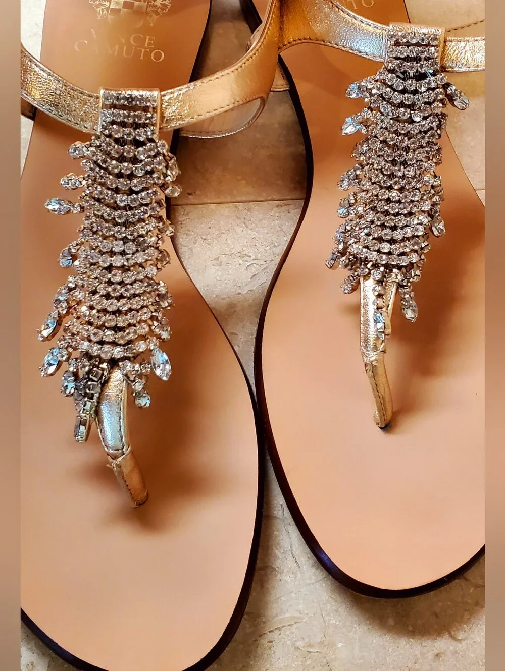 T-strap Flat Women's Sandals Size 10 Gold Leather with Crystal Embellishments